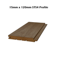 ThermoAspen sauna cladding board with '15mm x 120mm STS4 Profile' text on a white background