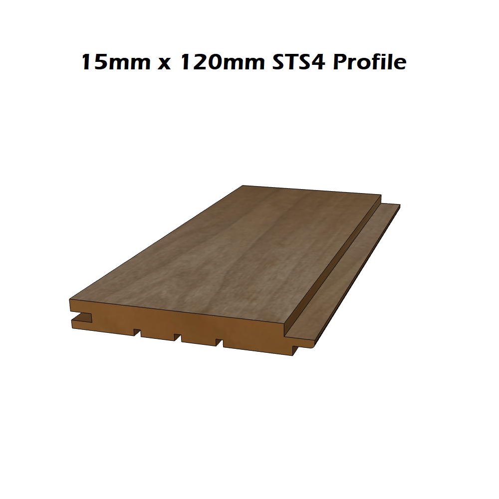 ThermoAspen sauna cladding board with '15mm x 120mm STS4 Profile' text on a white background